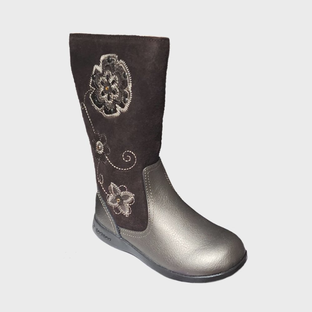 NEW pediped Kid Paula Bronze & Chocolate Brown Embroidered Tall Zip Active Boot